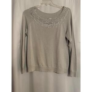 Chico's  Sequin Collared Shiny Sweater, Silver, Size 2 (US‎ 12)